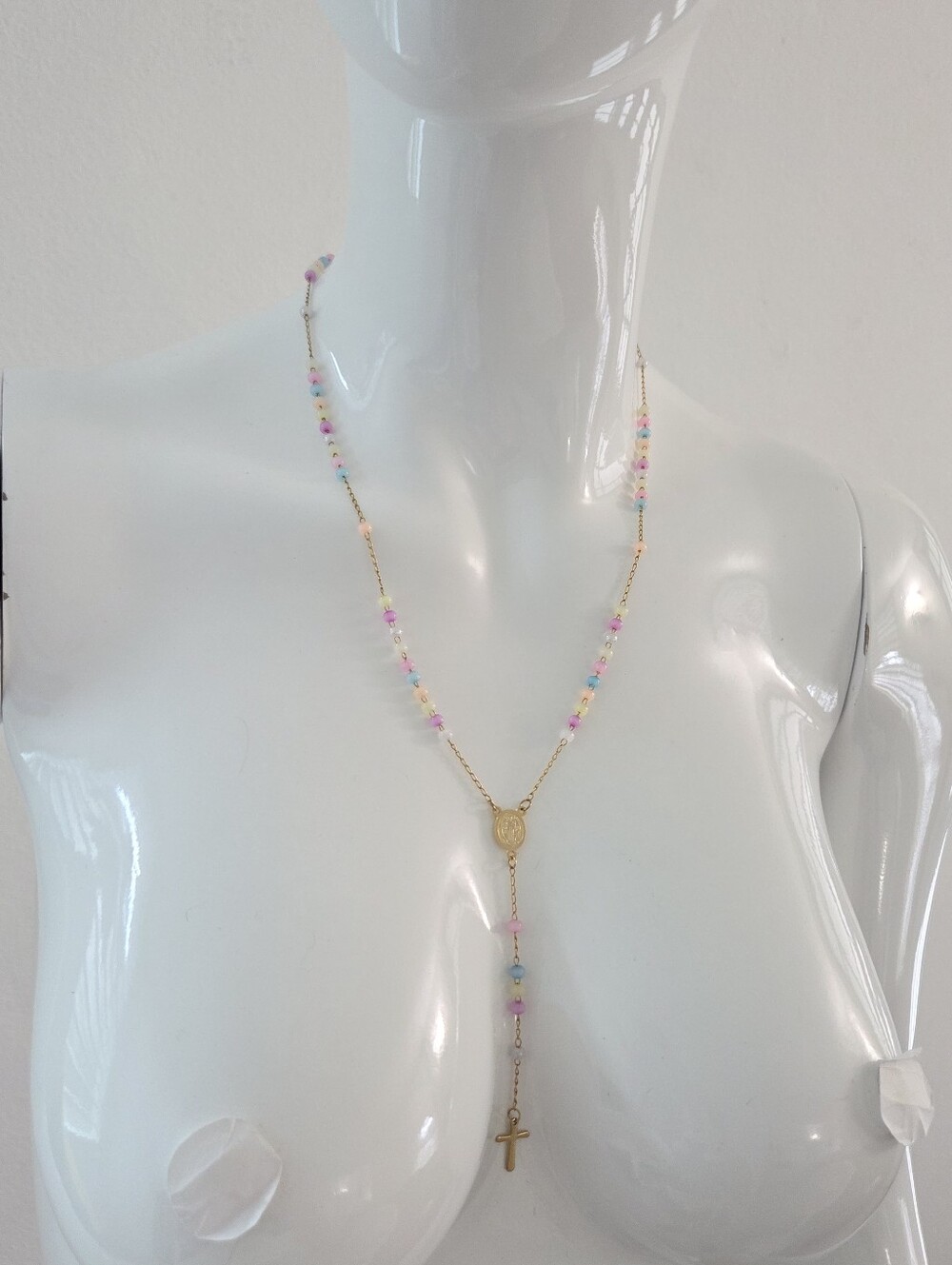 Gold Chain Rosary Necklace with Pastel Colored Beads – Delicate and Elegant